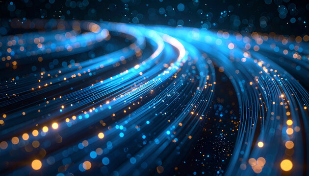 Digital Data Stream: Visualize the essence of digital connectivity with this abstract, futuristic design, showcasing data streams in vibrant hues of blue and golden particles.