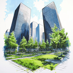 Obraz premium 雲が流れる都市の空、光と風が通り抜けるビル街の景色を、爽やかさと静けさで包んだアート素材