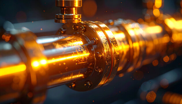 Precision Engineering: Close-up of a gleaming pipeline with intricate metalwork, industrial aesthetics, and reflecting light, highlighting engineering excellence
