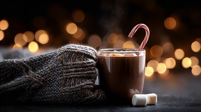 A Warm Cup of Hot Chocolate with a Candy Cane Stir Stick, Perfectly Complimented by Soft Marshmallows, Set Against a Beautifully Blurred Background of Golden Bokeh Lights Creating a Cozy Atmosphere