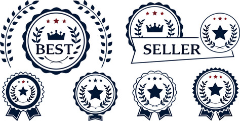 A collection of twelve Best Seller badges arranged in a grid formation against a white background. Each badge is designed with a circular or wreath-like frame, predominantly in a dark blue or navy col