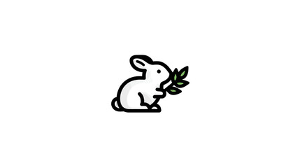 Cute white cartoon rabbit holding a green leaf. Simple bunny icon or vector illustration for nature, spring, or eco-friendly themes.