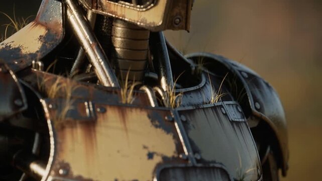 Close-up of a weathered robot with patches of rust and grass growing on its metallic shoulder, set against a blurred natural background