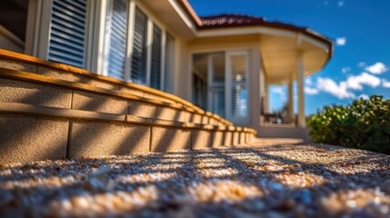 Cottage-style beach house with curved stair rail and tiled roof golden sunlight casting directional shadow patterns crisp reflections
