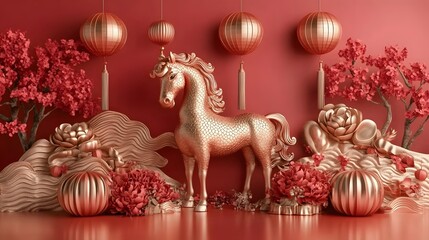 Golden horse with Lunar New Year Decorations on Red Background