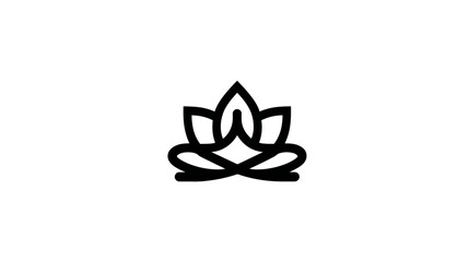 Minimalist black line art illustration of a person meditating in a lotus flower icon, symbolizing yoga, peace, and spiritual wellness.