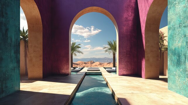 Colorful arches framing a desert oasis scene