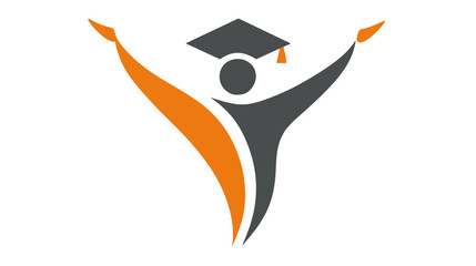 Abstract vector icon of a triumphant student with graduation cap and raised arms, symbolizing educational success and achievement