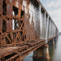 Obraz premium Aged metal bridge Rusty metal with broken parts other side clean