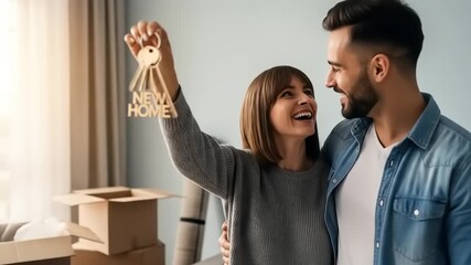 Excited Couple Celebrating New Home with Keys in Bright with Unpacked Apartment.