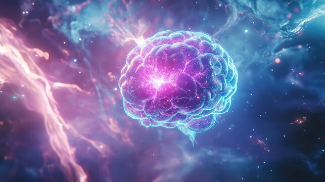 Glowing brain floating in cosmic nebula representing thought
