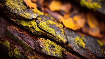 Cracked bark layered with golden moss and scattered leaves sharp textures captured in detail shadows enhancing three-dimensional depth