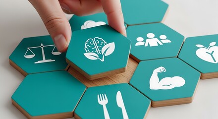 Hand connecting health and wellness hexagon tiles