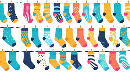 Matching socks game. Puzzle find pair. Preschool children educational worksheet activity. Socks on laundry rope. Match sock patterns vector. Game matching sock, match different illustration