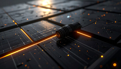 Technological Conduit: An abstract display of technological connection, a conduit of vibrant orange energy, weaving its way through a dark, textured grid.
