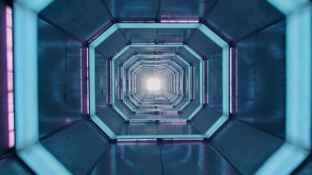 Futuristic tunnel with vibrant blue and purple neon lights leading to a bright exit