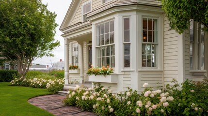 Cream clapboard home with octagon room and flower boxes overcast lighting giving soft transitions crisp textures on siding