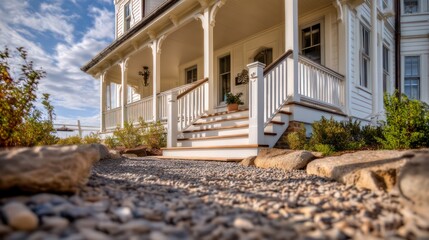 Creamy white traditional home with wraparound stairs and cedar posts soft side lighting adding gentle texture to paintwork