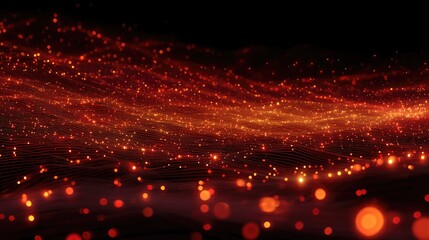 Flowing digital waves with glowing red particles