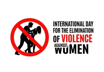 International day for the elimination of violence against women graphic with a red prohibition sign over a silhouette of a man aggressing a woman, emphasizing the need to end genderbased violence