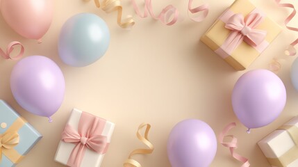 Crisp overhead view of pastel balloons scattered around ribbon curls and box-shaped wrapped gifts. Empty negative space in