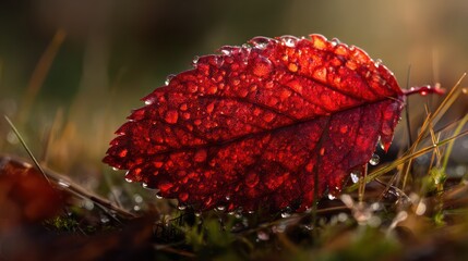 Crimson leaf resting on dewy grass droplets magnified in sharp clarity shadows enhancing three-dimensional texture balanced exposure preserves