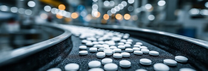 White tablets on a pharmaceutical production line's conveyor belt.