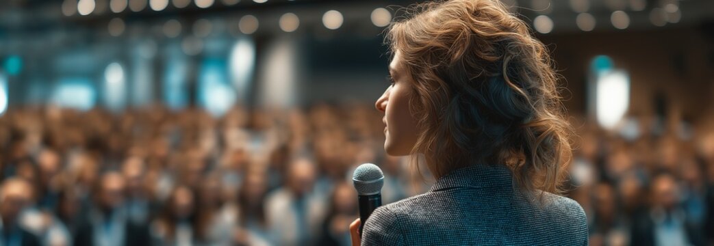 A lady is presenting at a conference.