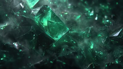 Crystalline cave wall glowing faintly with spectral green illumination between shards Mist curls around edges enhancing depth Ultra-detailed