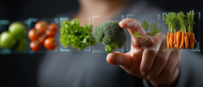 A woman selecting a nutritious meal selection on a virtual screen promoting the idea of balanced nutrition,