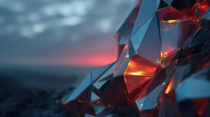 Crystalline polyhedral curve wall with refractive segments glowing under dusk lighting vibrant light dispersion effects and soft focus
