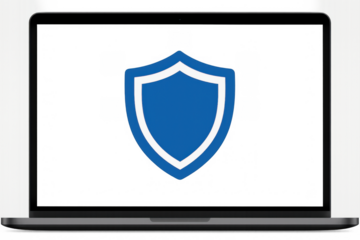 Laptop displaying blue shield icon, symbolizing cybersecurity, digital protection, antivirus software, and data security