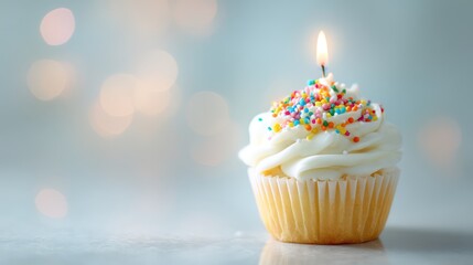 Cupcake decorated with smooth white buttercream frosting and rainbow sprinkles glowing candle centered shallow depth of field isolates