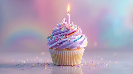 Cupcake topped with lavender frosting and rainbow sprinkles lit candle rising from center soft haze adds depth background
