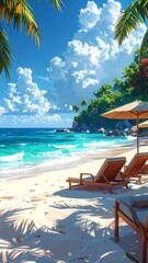 A vibrant digital illustration depicts a tropical paradise with a white sand beach, turquoise water, and clear blue sky with fluffy clouds