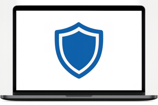 Laptop displaying blue shield icon, symbolizing cybersecurity, digital protection, antivirus software, and data security - Powered by Adobe