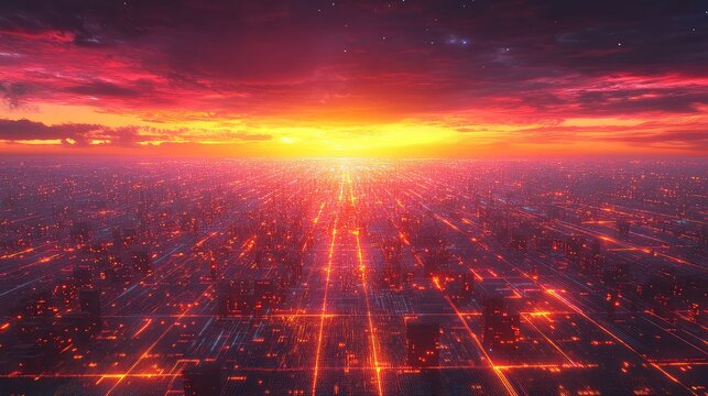 Futuristic cityscape at sunset with glowing data network - Powered by Adobe