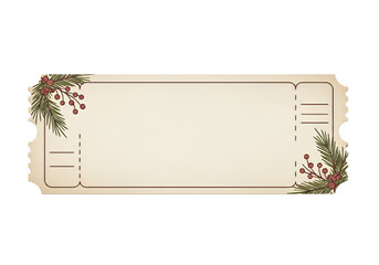 Elegant vintage ticket design with festive pine sprigs and berries, perfect for holiday invitations, event passes, or gift certificates