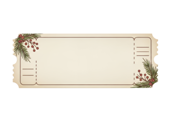 Elegant vintage ticket design with festive pine sprigs and berries, perfect for holiday invitations, event passes, or gift certificates