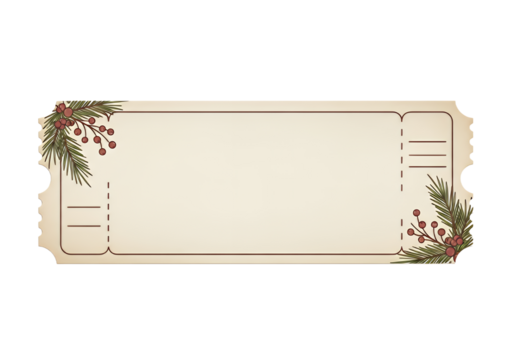 Elegant vintage ticket design with festive pine sprigs and berries, perfect for holiday invitations, event passes, or gift certificates