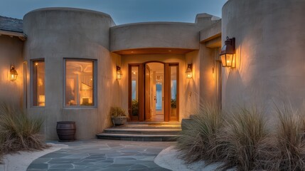 Curved-front coastal home with soft stucco texture glowing lanterns illuminating entry at twilight reflections in glass door crisp