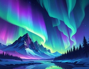 A vibrant digital illustration of the aurora borealis dancing above snow-capped mountains and a dark forest