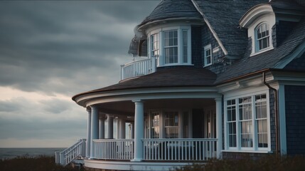 Curved-front coastal home with scalloped siding and multicolor shingle roof overcast lighting with ambient softness deep color separation