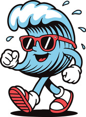 Cool Wave Mascot Walking with Sunglasses, Cool Wave Mascot Walking with Sunglasses, Surfing Wave Walking in Sneakers, Summer Beach Wave Illustration