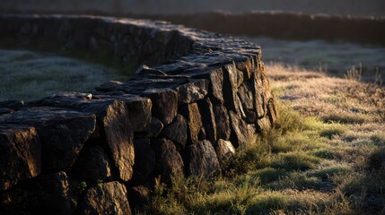 Curved basalt stone wall with rugged texture illuminated by angled sunrise light that enhances natural surface irregularities and