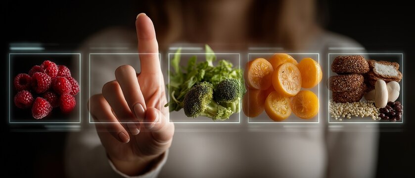 A woman selecting a nutritious meal selection on a virtual screen promoting the idea of balanced nutrition, video