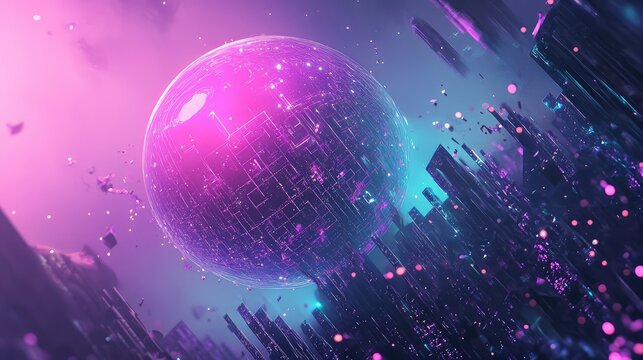 Futuristic orb floating over abstract city - Powered by Adobe