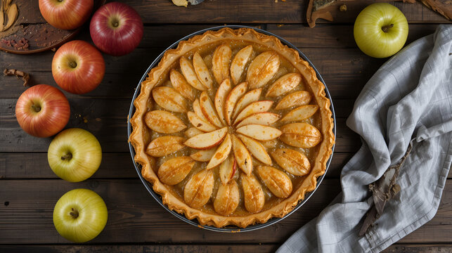 Homemade apple pie with fresh apples on rustic table. image