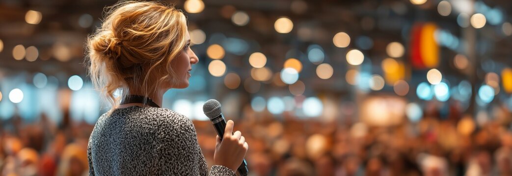 A lady is presenting at a conference.