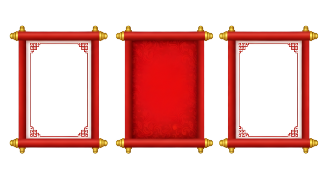 Red Chinese Scrolls with Decorative Borders on Black Background image graphic isolated on a transparent background